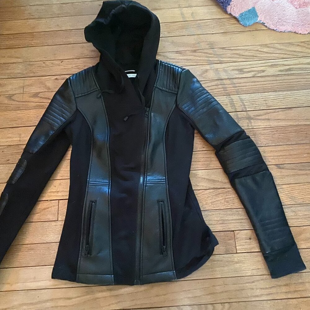 Blanc Noir ASYM Black Faux Leather Hooded Moto Jacket - Size XS